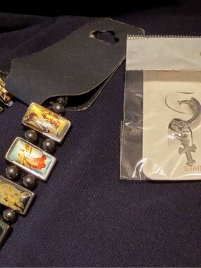Religious Icon Beaded Bracelet with Rectangular Plaques - and cross earrings
